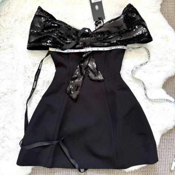 Heiress Sequin Bow Off Shoulder Mini Dress XXS - Black - Picture 3 of 5
